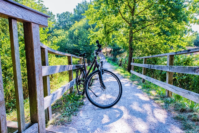 Das Geländer einer Holzbrücke mit einem daran angelehnten schwarzen Fahrrad