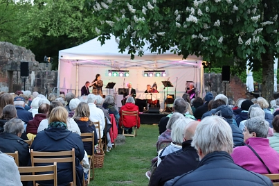 Die Bühne mit Musikern und schönem Licht und davor die sitzenden Besucher:innen des Klassik-Open-Airs.&nbsp;&copy;&nbsp;Stadtmarketing Harsefeld