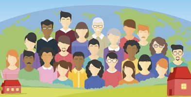 Illustration von mehreren Personen mit Erde im Hintergrund und einem kleinen Dorf im Vordergrund.