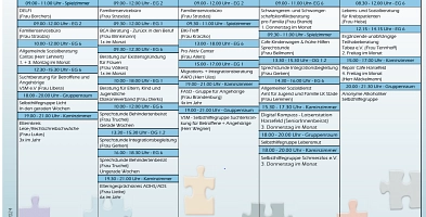 Zu sehen ist ein Aushang aus dem FIZ mit einer Übersicht über die Woche. Zu lesen sind die verschiedenen Insittuionen, die Angebote im FIZ bieten und wann sowie in welchem Raum diese stattfinden.