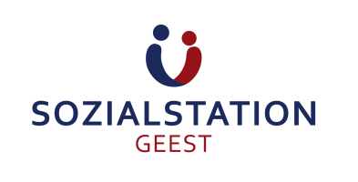 Das Logo der Sozialstation Geest mit blau rotem Symbol das sowohl zwei Personen, als auch ein lächelndes Gesicht ist.
