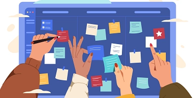 Grafik von vier Personen, die Notizen an einer digitalen Pinnwand anbringen.