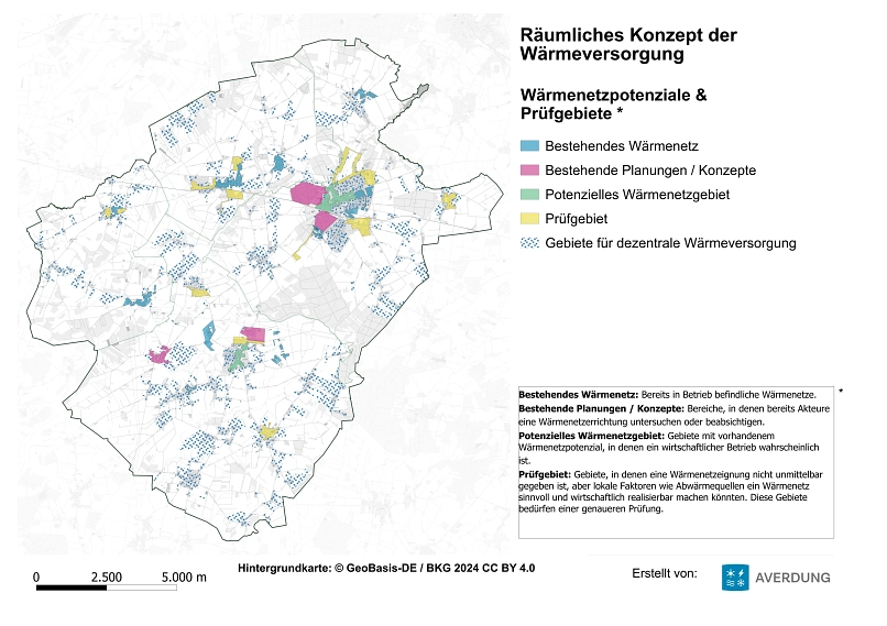 Wärmeplan der Samtgemeinde Harsefeld mit Darstellung der potenziellen Wärmenetzgebiete, bestehenden Wärmenetzen, bestehenden Planungsgebieten und weiteren Prüfgebieten.&nbsp;&copy;&nbsp;Samtgemeinde Harsefeld
