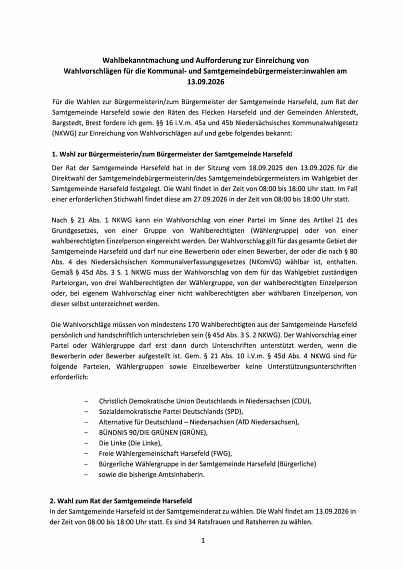 Wahlbekanntmachung, § 16 NKWG Wahlbekanntmachung und Aufforderung zur Einreichung von
Wahlvorschlägen für die Kommunal- und Samtgemeindebürgermeister:inwahlen am 13.09.2026 © Samtgemeinde Harsefeld