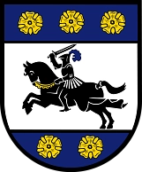 Blasonierung: „In Silber ein schwarzer Ritter auf schwarzem, mit Gold gezäumtem, springendem Ross. Im blauen Schildhaupt drei goldene Rosen und im blauen Schildfuß zwei goldene Rosen.“&nbsp;&copy;&nbsp;Samtgemeinde Harsefeld